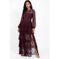 Maya Deluxe Women's Floral Embellished Blouson Sleeve Tiered Lace Maxi Dress in Purple | Size: 12