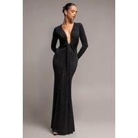 Goddiva Women's Plunge Neck Long Sleeve Front Draped Lurex Maxi Dress in Black | Size: 18