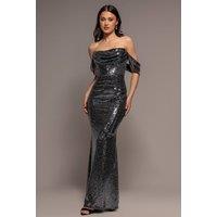 Goddiva Women's Sequin Lurex Off-Shoulder Cowl Bardot Maxi Dress in Black | Size: 16