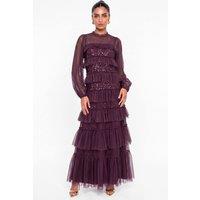 Maya Deluxe Women's Embellished Long Sleeve Ruffle Tiered Maxi Dress in Grape | Size: 16