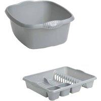 PAWNORA Silver Washing Up Bowl & Dish Drainer Rack in Grey