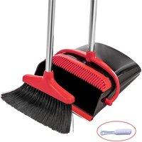 Ventryn Dustpan & Brush Set Long Home Handle Vertical Broom Cleaning Kit in Red