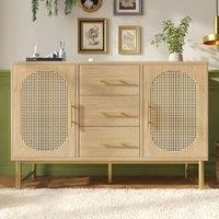 Rolipo 120cm Oak Rattan Sideboard 2 Door 3 Drawer Hallway Storage Cabinet in Brown