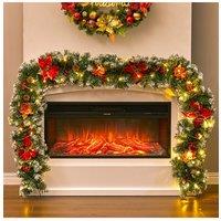 Living and Home 8.8FT/2.7M Christmas Garland with 50 LED Lights Artificial Spruce Pine Cones Red Flowers Berries Garland for Fireplace in Green