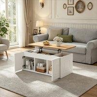Rolipo Height Adjustable Coffee Table With Storage Cabinets White Wood