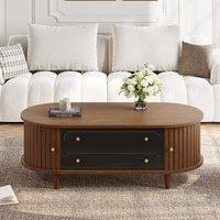 Rolipo Retro Walnut Coffee Table with Drawers & Roll-Up Door