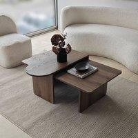 CALICOSY Set Of 2 Coffee Tables With Asymmetrical Tops, 105 Cm Long - LIVIA in Walnut