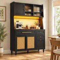 STILVORA 195.5cm Tall Kitchen Cabinet with 3 Drawers, Adjustable Shelves & LED Lighting, Black