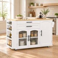 STILVORA White Kitchen Island with Foldable Worktop & Storage