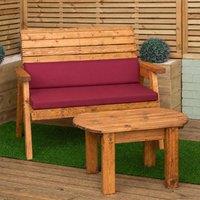 Samuel Alexander 2 Seater Wooden Furniture Bench With Coffee Table & Burgundy Cushions in Red