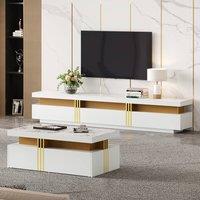 BTM TV Stand & Coffee Table Set, White, 3+2 Drawers in White