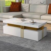 BTM Modern Rectangular Table with Marble Top & Wood Drawers in White