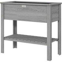 OUTSUNNY Wooden Raised Garden Bed, Elevated Planter Box with Storage Shelf in Grey
