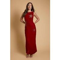 Oasis Women's Celestial Velvet Embellished Midaxi Dress in Cranberry | Size: 10