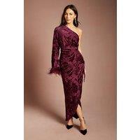 Coast Women's One Shoulder Feather Cuff Velvet Burnout Maxi Dress in Plum | Size: 18