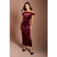 Coast Women's Feather neckline Bardot Velvet Pencil Midi Dress in Burgundy | Size: 8