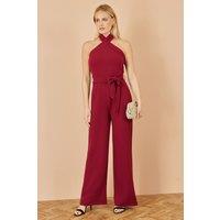 Yumi Women's Burgundy Cross Over Halter Neck Jumpsuit | Size: 8