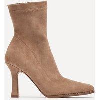 Linzi Women's Noelle Sand Faux Suede Square Toe Heeled Sock Boot in Brown | Size: 7-Standard Fit