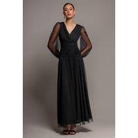 Goddiva Women's Gathered Long Balloon Sleeve A Line Mesh Maxi Dress in Black | Size: 8