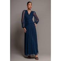 Goddiva Women's Gathered Long Balloon Sleeve A Line Mesh Maxi Dress in Navy | Size: 18
