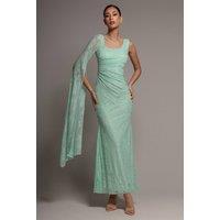 Goddiva Women's One Shoulder Cape Sleeve Pleated Lace Maxi Dress in Mint | Size: 8
