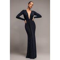 Goddiva Women's Plunge Neck Long Sleeve Front Draped Lurex Maxi Dress in Navy | Size: 16