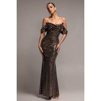 Goddiva Women's Sequin Lurex Off-Shoulder Cowl Bardot Maxi Dress in Gold | Size: 8