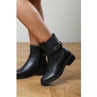 Where's That From Women's 'Haxine' Chelsea Flat Ankle Boot With Gold Buckle Detail in Black | Size: 5