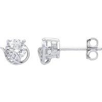 Jewelco London Women's 925 Sterling Silver CZ Leaf Cradled Solitaire Stud Earrings
