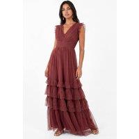 Anaya with Love Women's Flutter Sleeve Ruffle Maxi Dress in Burgundy | Size: 6