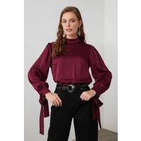 WOVCOR Women's High Neck Blouse with Ribbon Tie Cuffs in Plum | Size: 6