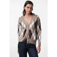 WOVCOR Women's Argyle Ribbed V-Neck Knit Cardigan with Button Front in Taupe | Size: Small