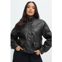 Yours Women's Faux Leather Funnel Neck Jacket in Black | Size: 22-24