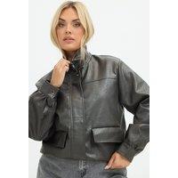 Yours Women's Faux Leather Funnel Neck Jacket in Grey | Size: 12