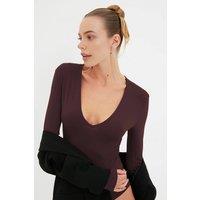WOVCOR Women's Deep V-Neck Long Sleeve Knit Bodysuit in Brown | Size: 12