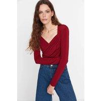 WOVCOR Women's Wrap Front Long Sleeve Bodysuit in Burgundy | Size: Small