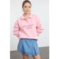 WOVCOR Women's Collared Embroidered Slogan Fleece Sweatshirt in Pink | Size: XL