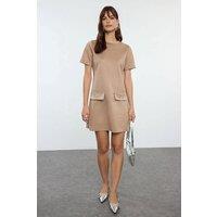 WOVCOR Women's Crew Neck Mini Suede Knit Dress Stone Detail in Taupe | Size: Medium