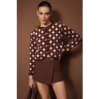 WOVCOR Women's Argyle Crew Neck Button Front Crop Knit Cardigan in Brown | Size: Large