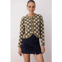 WOVCOR Women's Argyle Crew Neck Button Front Crop Knit Cardigan in Khaki | Size: Medium