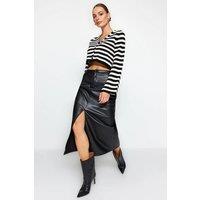WOVCOR Women's High Waist Faux Leather Maxi Skirt with Front Slit in Black | Size: Large