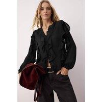 WOVCOR Women's Ruffled Boho Style Button-Up Shirt in Black | Size: 10