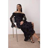 WOVCOR Women's Floral Flocked Lace Bardot Ruffle Long Sleeve Maxi Dress in Black | Size: 10