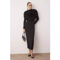 WOVCOR Women's Draped Cowl Shoulder Long Sleeve Knit Column Maxi Dress in Black | Size: Small