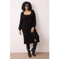 WOVCOR Women's Square Neck Ribbed Knit Button Detail Midi Dress in Black | Size: 2XL