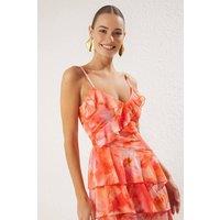 WOVCOR Women's Floral Ruffle Strap Maxi Dress with Tiered Sheer Tulle | Size: 8