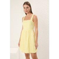 WOVCOR Women's Square Neck Wide Strap Skater Mini Broderie Dress in Yellow | Size: 10