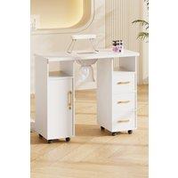 SHEONLY Rolling Manicure Table with Charging Station, Dust Collector & Wrist Cushion in White