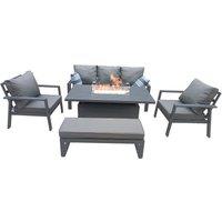 FURNITURE ONE 5 PCS Garden Sofa Set, 6 Seater Outdoor Aluminium Furniture Set with Rising Dining Table, Armchair, 2 Stools in Grey
