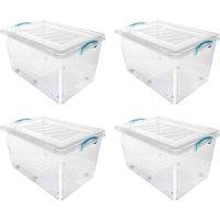 JVL Set of 4 Clip Lid Plastic Storage Box with 6 Wheels - 50L in Clear